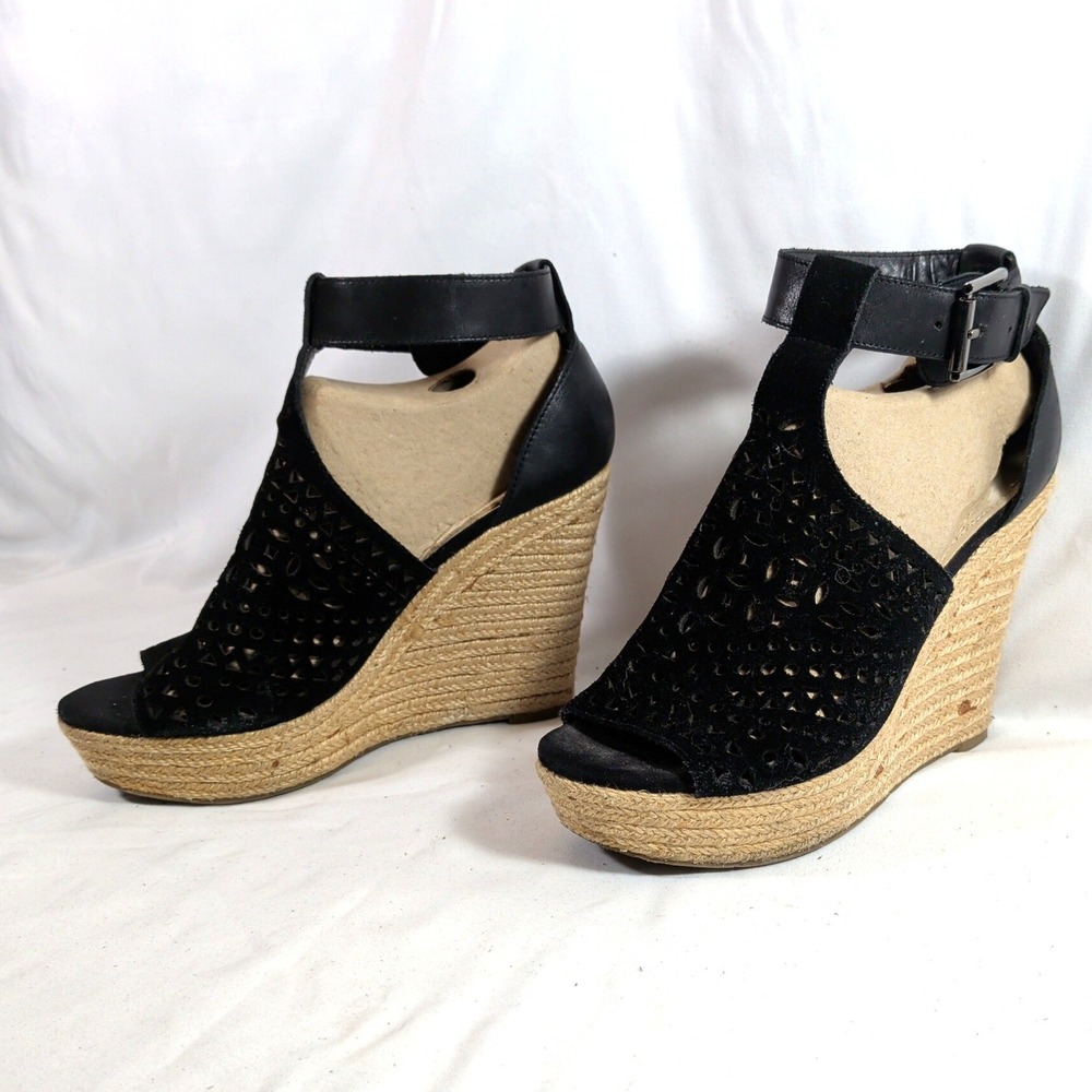 Marc Fisher Black Wedge Sandals; Laser Cut Leather Espadrille